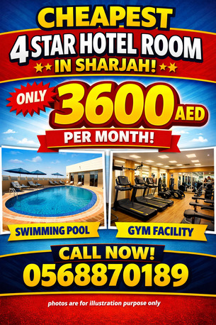 Sharjah, Holiday/Vacation Rentals, AED 3600/month,  Studio,  Cheapest 4 Star Hotel Studio For 2 People With Pool, Gym