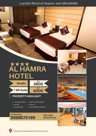 Sharjah, Holiday/Vacation Rentals, AED 3600/month,  Studio,  Cheapest 4 Star Hotel Studio For 2 People With Pool, Gym