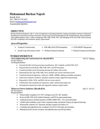 Riyadh, Job Seekers, QA/QC Electrical Inspector | 3+ Years Experience | Available In KSA