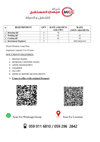 Jubail, Jobs, Rotating QC, Welding QC, Coating QC, Instrument Engineer