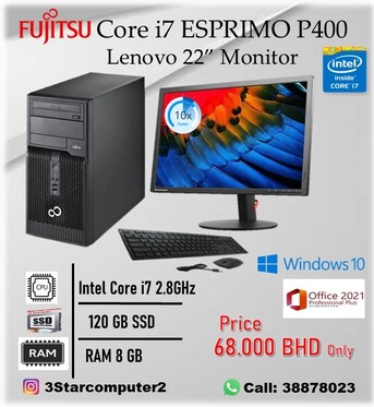 Manama, Computers, BHD 68,  Fujitsu Core I7 2.8GHz Computer Set RAM 8GB With Lenovo 22" Monitor Windows & Office Ready