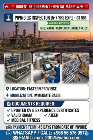 Jubail, Jobs, Piping QC Inspectors