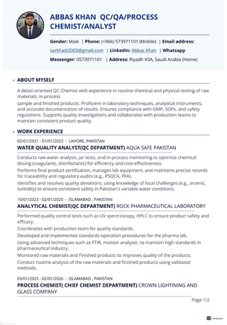 Hara, Job Seekers, QC, QA, PROCESS, ENVIRONMENTAL Chemist , Analyst