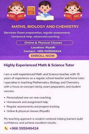 Riyadh, Lessons Offered, Math, Science Tutor