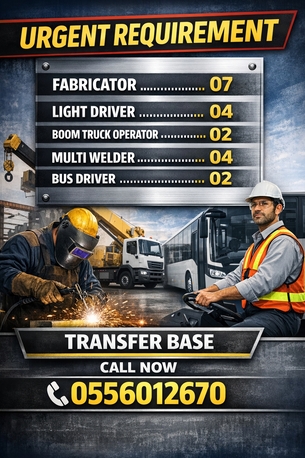 Riyadh, Jobs, Bus Driver,  Light Driver, Pipe Fitter, Fabricator, Multi Welder, BOOM TRUCK OPERATOR*