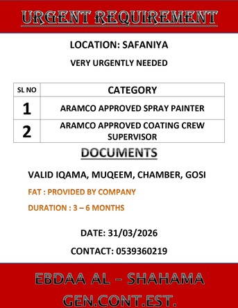 Jubail, Jobs, Urgently Requirement For  Aramco Approved Coating Crew Supervisor And Aramco Spray Painter