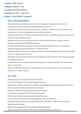 Riyadh, Job Seekers, HSE Trainer