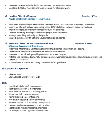 Riyadh, Job Seekers, Electrical Supervisor And Plumbing Foreman