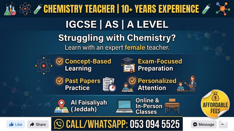 Al Faisaliyah, Lessons Offered, Female Chemistry Teacher With 10+ Years Of Experience