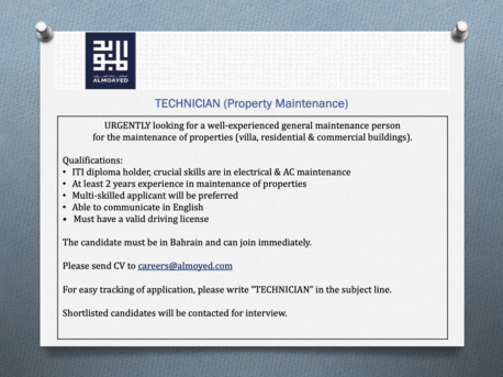 Manama, Jobs, TECHNICIAN (Property Maintenance)