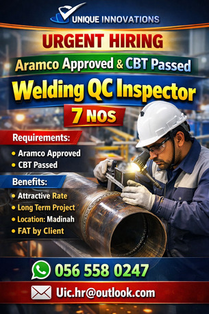 Madinah, Jobs, Welding QC Inspector Aramco Approved And CBT Passed