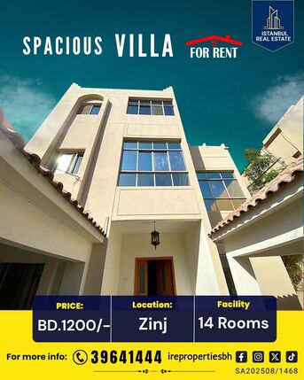 Zinj, Villas, BHD 1200,  350 Sq. Meter,  Spacious Villa (14 Rooms) For Rent In Zinj BD.1200/-