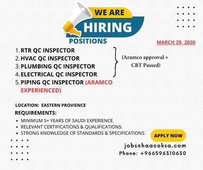 Dammam, Jobs, QC Inspector (Electrical, HVAC, Plumbing, RTR) CBT Passed Aramco Approved