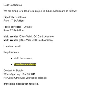 Jubail, Jobs, Urgent Requirement : Pipe Fitter,  Pipe Fabricator , Welder