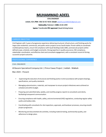 Riyadh, Job Seekers, Civil Engineer | 5 Years Experience | KSA | Available For Immediate Transfer