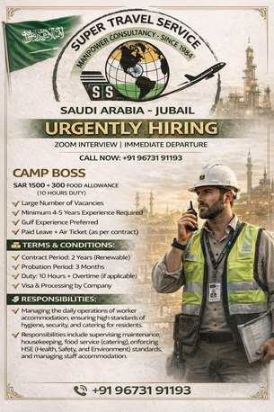 Jubail, Jobs, Camp Boss Or Facility Manager Required Urgently In Jubail For A Reputed Contracting Co.