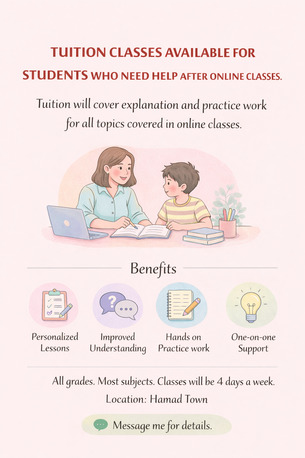 Hamad Town, Lessons Offered, Tuition Classes Available At Home For All English Subjects