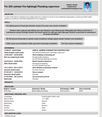 Riyadh, Job Seekers, Plumbing Fire Fighting Fm 200 Cylinder Chiller Pipe Foam System Foreman