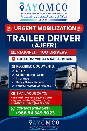 Jubail, Jobs, Urgent Mobilization- Trailer Driver With Ajeer (100 Nos)