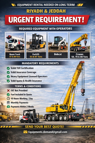 Jeddah, Jobs, URGENT REQUIREMENT &ndash; EQUIPMENT RENTAL WITH OPERATORS (LONG TERM)