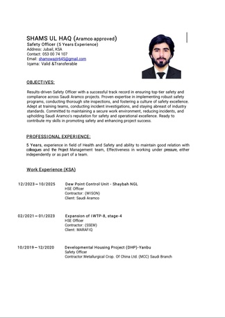 Jubail, Job Seekers, Aramco Approved HSE Officer With 5 Years Experience Available