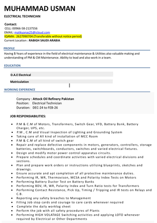 Riyadh, Job Seekers, Electrical Technician