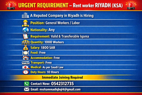 Riyadh, Jobs, URGENT REQUIREMENT &ndash;Rent Worker RIYADH (KSA)