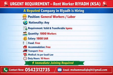 Riyadh, Jobs, URGENT REQUIREMENT &ndash;Rent Worker RIYADH (KSA)