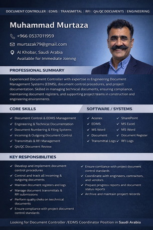 Jubail, Job Seekers, Document Controller Available | Aconex | EDMS | Project Documentation-0537011959