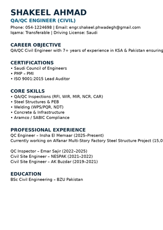 Riyadh, Job Seekers, QC/QA & CIVIL SITE ENGINEER | PMP&reg; | ISO LEAD AUDITOR&copy; | SCE &reg;| STEEL & CONCRETE PROJECTS