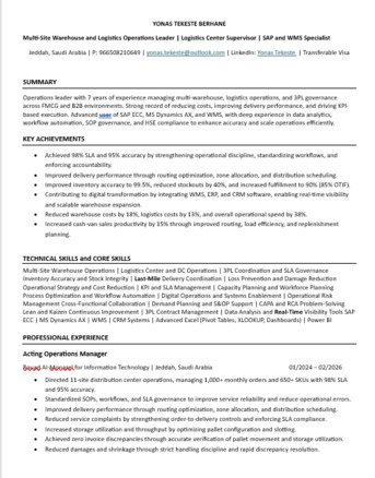 Jeddah, Job Seekers, Multi-Site Operation | Logistics Leader | SAP & WMS Specialist | Digital Transformation