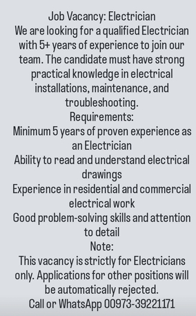 Manama, Jobs, Electrician Required Immediately