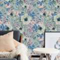 Retro Blue Floral Peel And Stick Wall Mural Decor