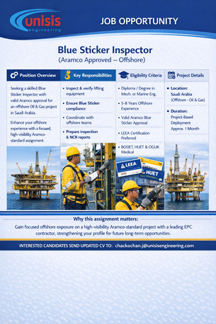Riyadh, Jobs, Blue Sticker Inspector (Aramco Approved &ndash; Offshore) - Crane Certification - Marjan, KSA