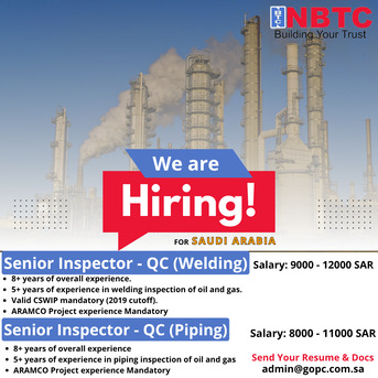 Jubail, Jobs, Job Opportunity | NBTC Group | Senior Inspector - QC (Welding & Piping)