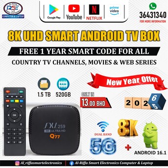 Manama, Computers, BHD 15,  8K Smart TV Box With Android 16 & Dual Band (Can Watch Free All TV & Movies) Plug & Watch