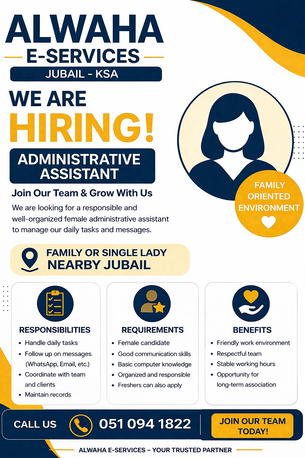 Jubail, Jobs, ADIMNIN ASSISTANT -Lady