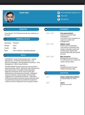 Manama, Job Seekers, DRIVER , CASHIER, WAITER DATA ENTRY STOREKEEPER