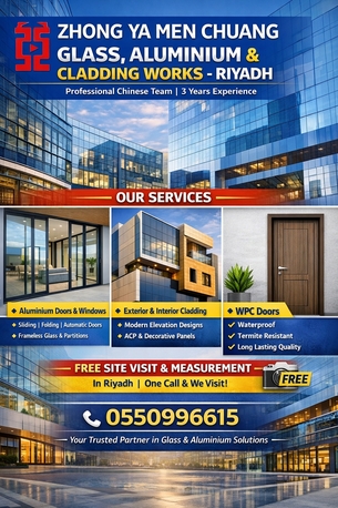 Al Khalidiyah, Construction, GLASS, ALUMINIUM & CLADDING WORKS &ndash; RIYADH Professional Chinese Team | 3 Years Expert