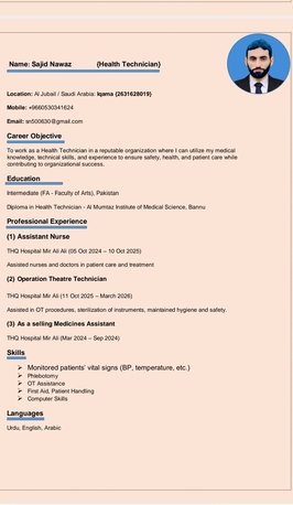 Jubail, Job Seekers, Health Technician Available In Jubail