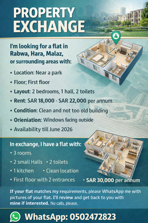Hara, Housing Exchanges, SAR 22000/month,  2 BR,  Looking Villa Or Apartment