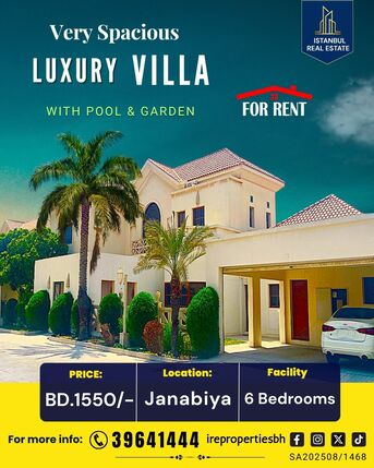 Janabiya, Villas, BHD 1550,  Furnished,  1040 Sq. Meter,  Spacious Furnished Luxury Villa For Rent In Janabiya - BD 1550/-