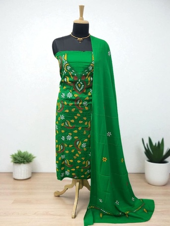 Mumbai, Clothing & Accessories, INR 2799,  Pure Cotton Hand Kantha Work 3 Pc Unstitched Salwar Suit &ndash; Leheriya