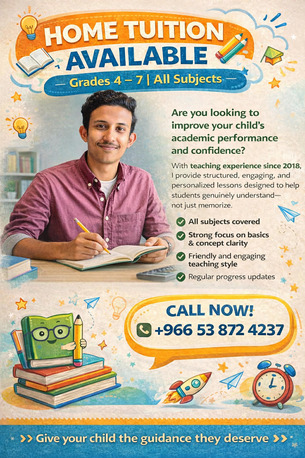 Riyadh, Lessons Offered, Exclusive Home Tuition For Grades 4&ndash;7 | Personalized Academic Excellence