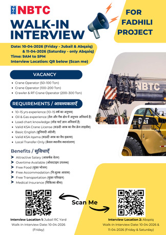 Jubail, Jobs, Job Vacancy | Crane Operator | NBTC Group