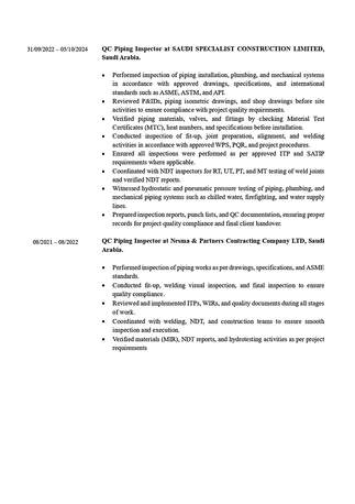 Jubail, Job Seekers, QC Piping Inspector/Supervisor