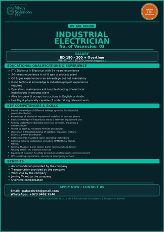 Manama, Jobs, INDUSTRIAL ELECTRICIAN