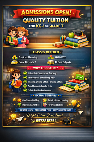 Khobar, Education, Pre-school And Tuitions Are Available For Children From KG1 To Class 7.