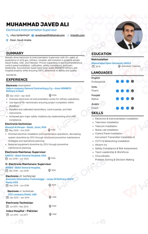 Baish, Job Seekers, Electrical & Instrumentation (E&I) Supervisor - 10+ Years Experience