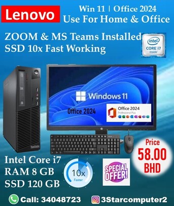 Manama, Computers, BHD 58,  Lenovo Core I7 PC 8GB RAM(SSD 10x Fast Work) 19" Monitor Good For Online Class Zoom,Teams